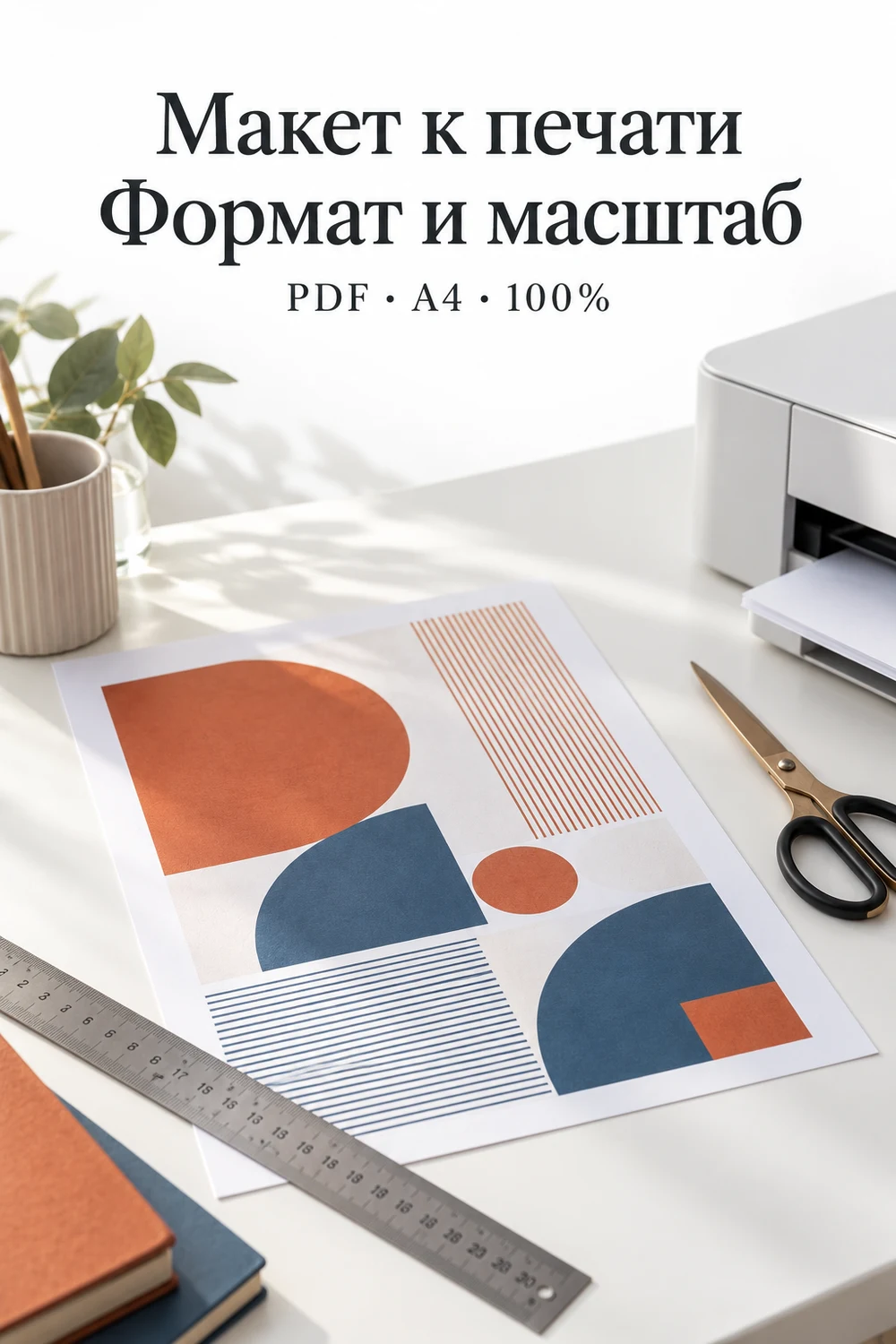 Иллюстрация к подготовке PDF: лист с геометрическим рисунком, линейка и принтер